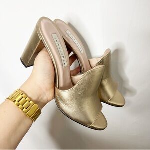 James Chan Open Toe Gold Leather Women's Heels Size 8